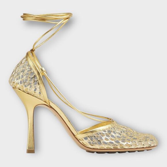 Womans Stretch Mesh Ankle Tie High Heel Sandals In Gold Size 37 - Picture 1 of 12